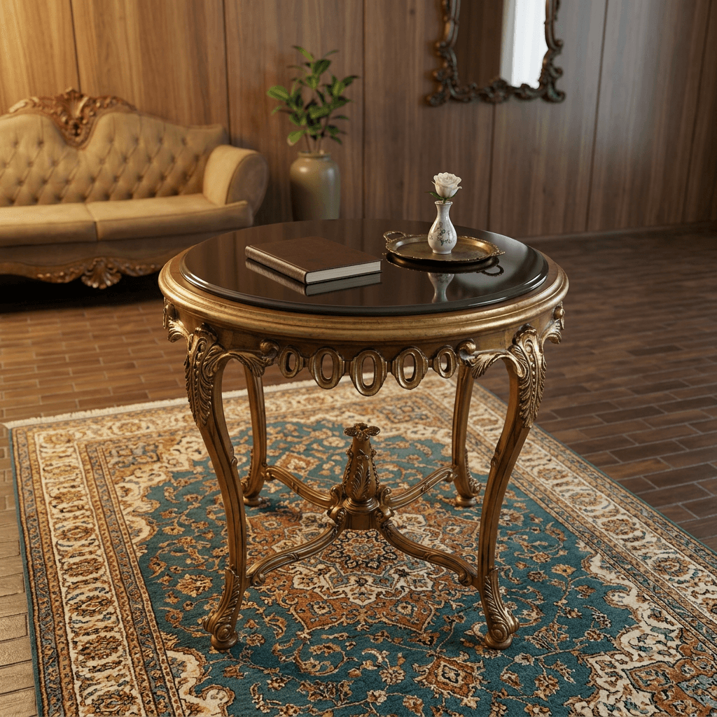 میز سرو چوبی گرد پایه گلدانی صفحه سنگ